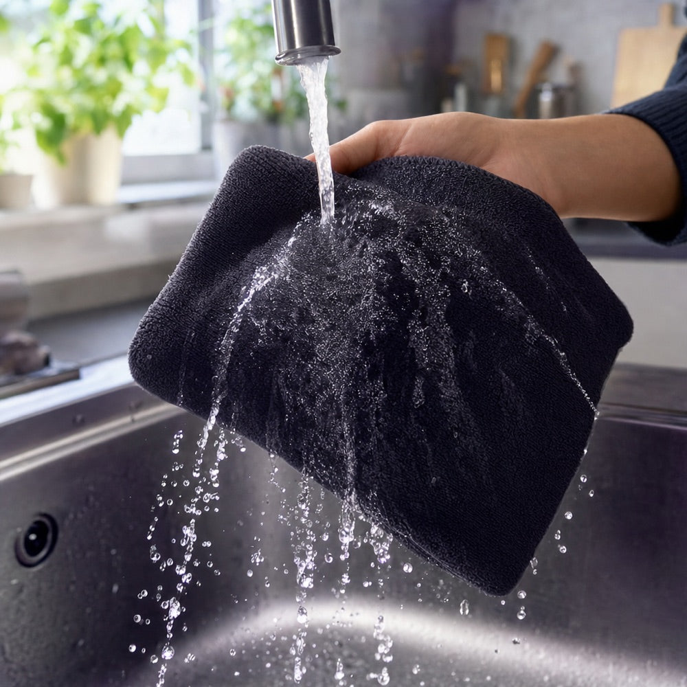 Rinsing the Klaril cloth under water